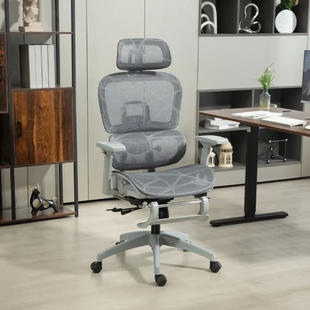 STILVORA Bureaustoel Ergonomisch - Verstelbaar Met Hoofdsteun Armleuningen Lendesteun En Voetensteun - Voor Thuiswerk En Kantoor - Polyester - Grijs