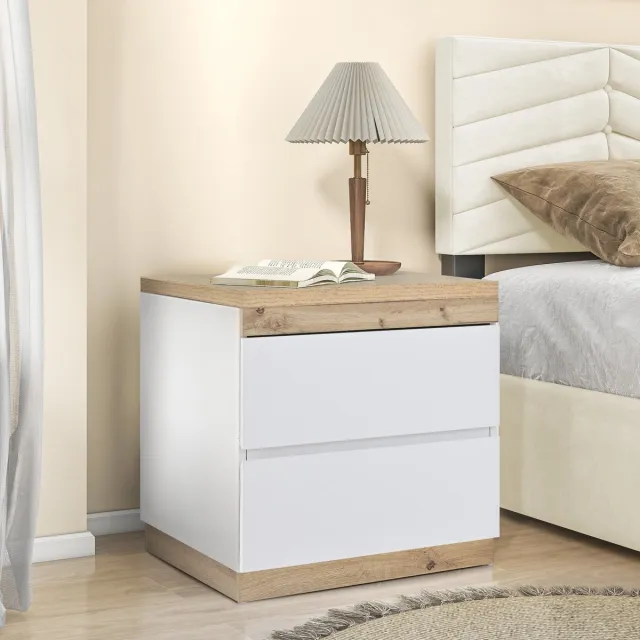 MIVRAY Nachtkastje - Klassiek Met 2 Laden En Opbergruimte - Voor Slaapkamer Naast Bed - Spaanplaat - Wit Eikenlook