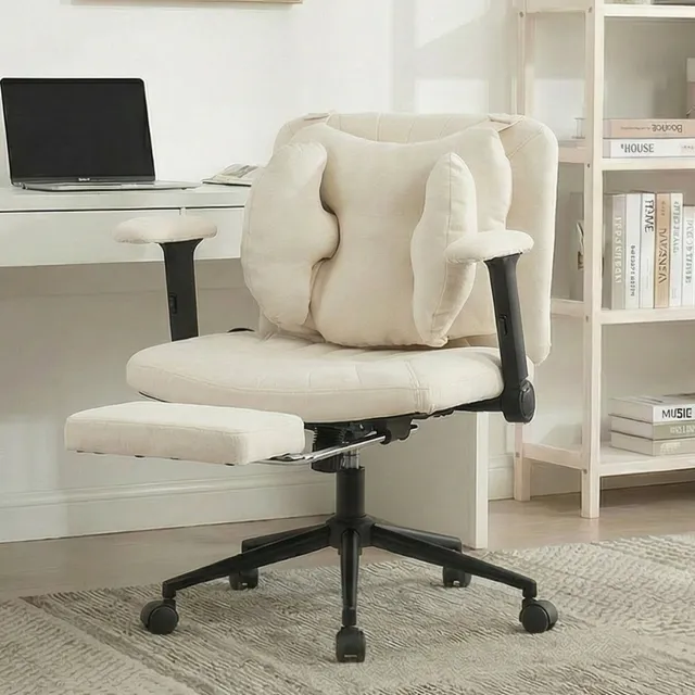 Wishdor Bureaustoel - In hoogte verstelbaar met opblaasbare lendensteun - Voetsteun armleuningen en wielen - Draaibaar met brede zitting - Thuiswerkplek en kantoor - Stof - Beige - 55 x 80 x 86 cm