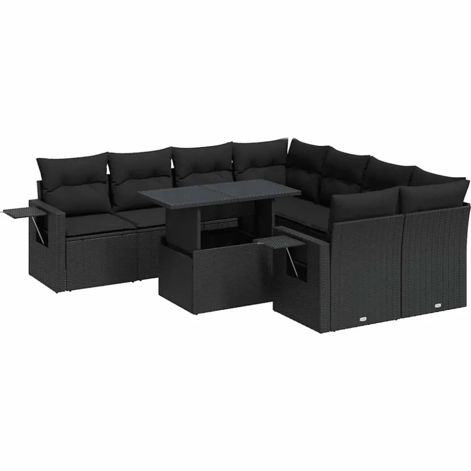 vidaXL 9-delige Loungeset met kussens poly rattan zwart, foto 3