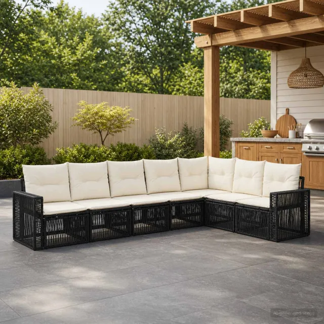 vidaXL Tuinbankenset 7 st 7-zits Zwart en Cream Wit poly rattan, foto 2