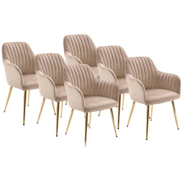 Vente-unique Set van 6 stoelen met armleuningen van fluweel en goudkleurig metaal - Beige - ELEANA