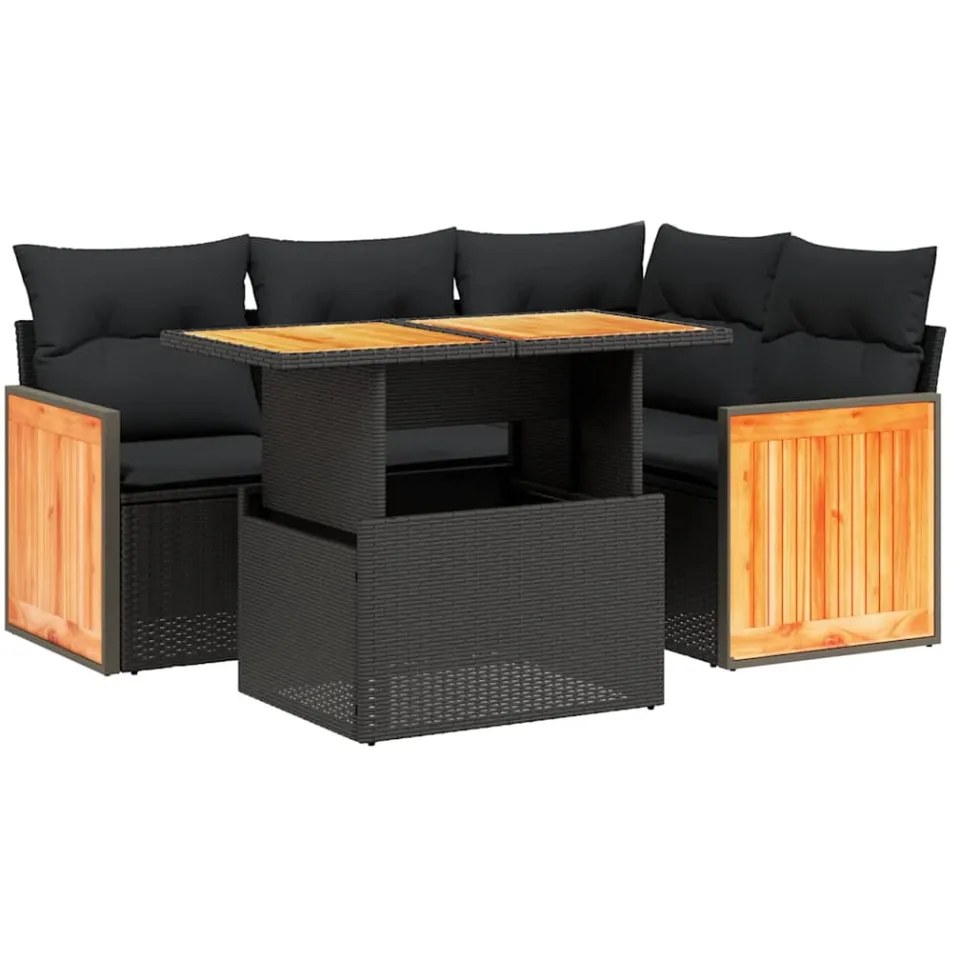 vidaXL 5-delige Loungeset met kussens poly rattan zwart, foto 3