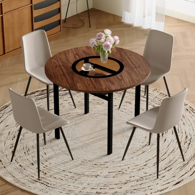 MODENUIT Eettafelset 100 cm - Ronde Tafel Met Opbergplateau En 4 Stoelen - Eetkamer - MDF, Glas, Metaal - Bruin