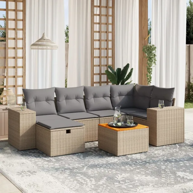 vidaXL 7-delige Loungeset met kussens poly rattan gemengd beige, foto 2