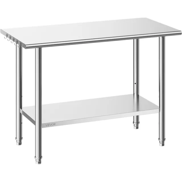 Vevor roestvrijstalen tafel voor de horeca, 1220 x 610 x 864 mm, verstelbare roestvrijstalen keukentafel, commerciële werktafel met onderblad voor restaurants, zwaar uitgevoerd, bovenblad (245 kg), onderblad (204 kg) Zilver