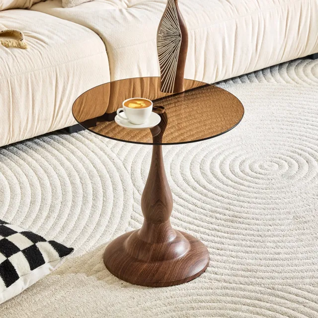 CHICFURN Bijzettafel - Gehard glazen blad - Metalen onderstel - Bruin
