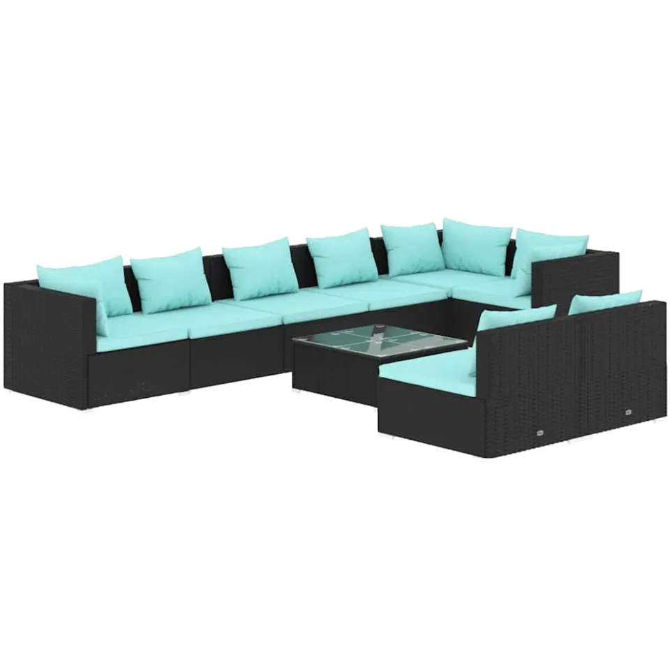 vidaXL 9-delige Loungeset met kussens poly rattan zwart, foto 4