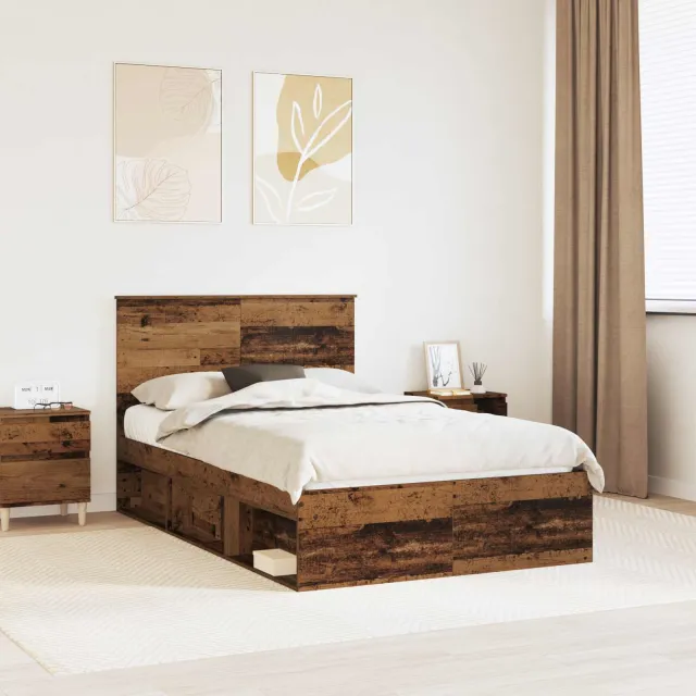 vidaXL Bedframe met hoofdeinde Oudhout 120 x 190 cm Massief grenenhout Bruin
