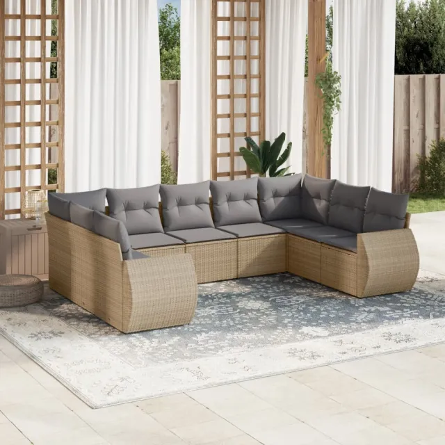 vidaXL 9-delige Loungeset met kussens poly rattan beige, foto 2