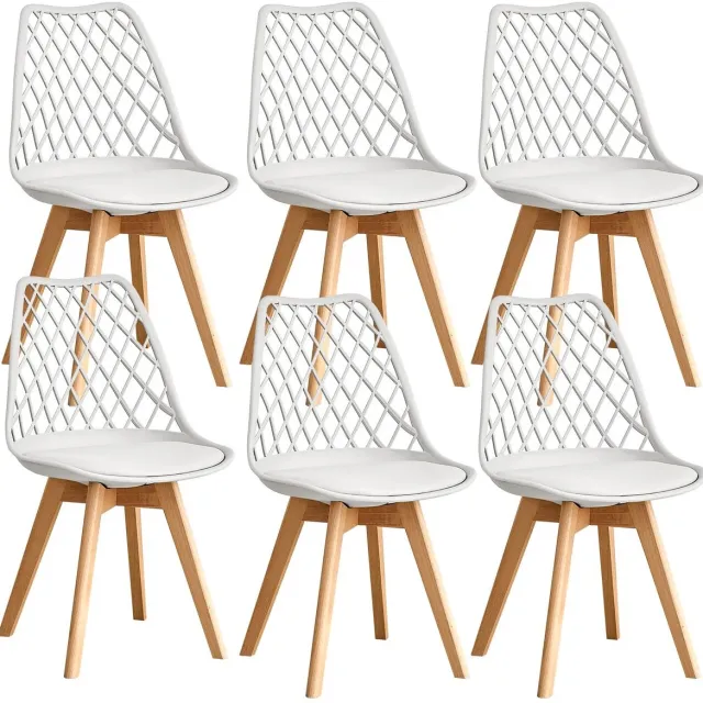 Questyr Set van 6 Eetkamerstoelen – Wit – Scandinavisch Design – Mesh Rugleuning & Houten Poten – Comfortabele PU‑Lederen Stoelen voor Keuken & Eetkamer