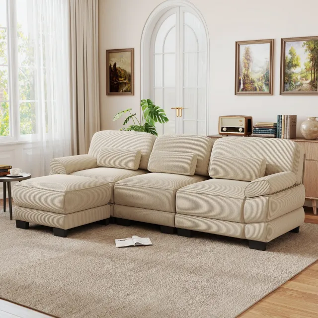 MIVRAY Hoekbank 265 x 161 x 94 cm - Modulaire 3-Zitsbank Met Hocker en Lendenkussen - Voor Woonkamer - Ribstof - Beige
