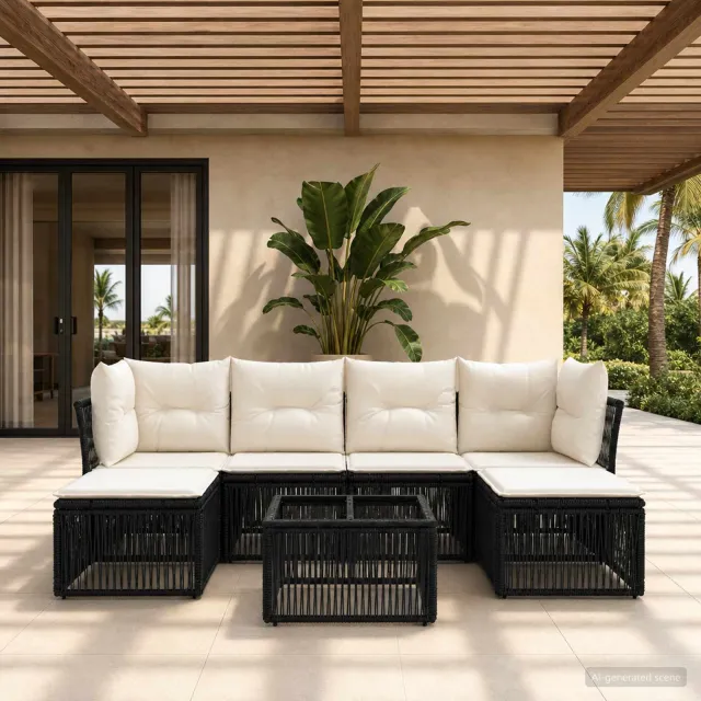 vidaXL Tuinbankenset 7 st Zwart poly rattan, foto 2