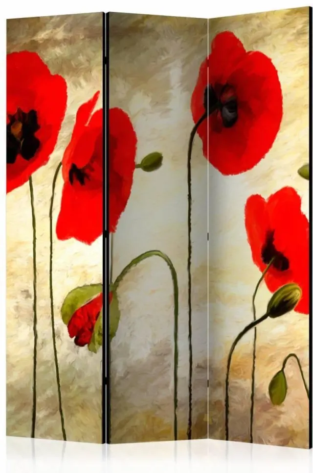 karo-art Vouwscherm / Kamerscherm - Klaprozen op goud 135x172cm, gemonteerd geleverd dubbelzijdig geprint Multikleur