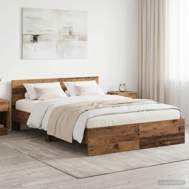 vidaXL Bedframe met Hoofdeinde Oud hout 135 x 190 cm Bewerkt hout bruin