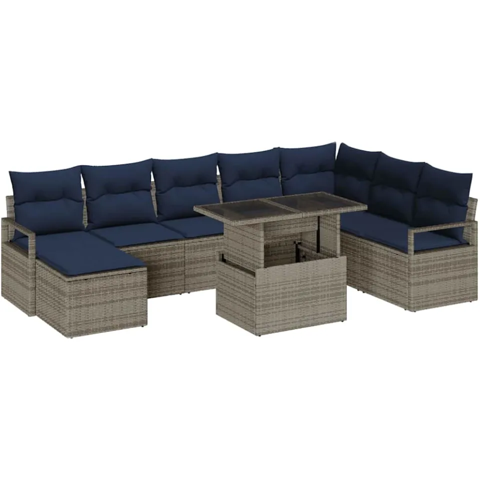 vidaXL Tuin Sofa Set 9 st Grijs en Marineblauw poly rattan