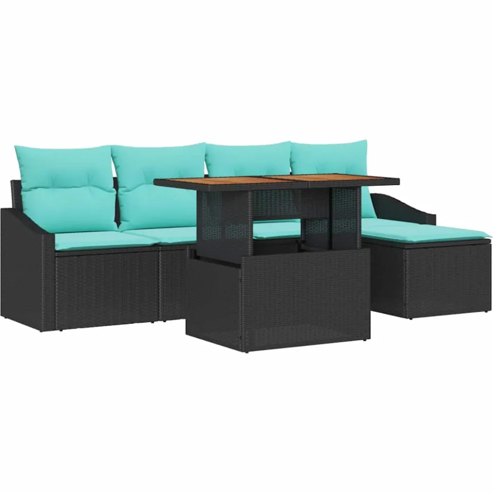 vidaXL Tuinbankenset 6 st Zwart en Teal poly rattan