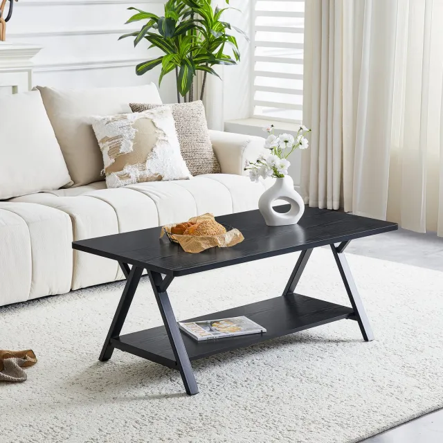DESMIU Salontafel - Industrieel Design Met Opbergplank - Voor Woonkamer En Kleine Ruimtes - MDF En Metaal - 110x57x44,5 Cm - Zwart