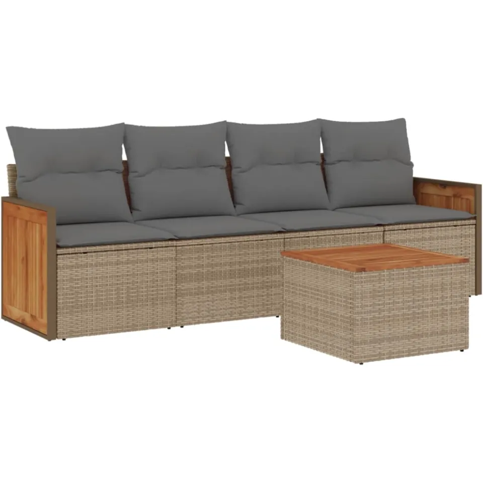 vidaXL 5-delige Loungeset met kussens poly rattan beige