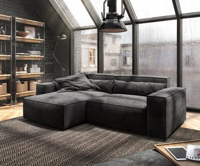 DELIFE Hoekbank Sirpio 230x155 cm microvezel zwart variabele rugleuning met kruk schwarz