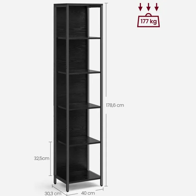 M-Goods Boekenkast Zwart met LED-verlichting - 6 Niveaus - Staande Kast - 178,6 cm - Stalen Frame