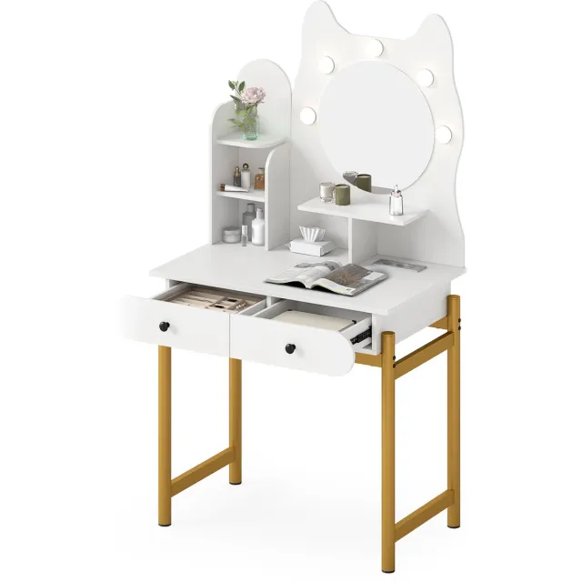 Costway Make-uptafel in kattenvorm met spiegel en verlichting, kaptafel met 3 lichtmodi en dimbare helderheid, 2 laden en stopcontacten, kaptafel voor vrouwen en meisjes (wit)