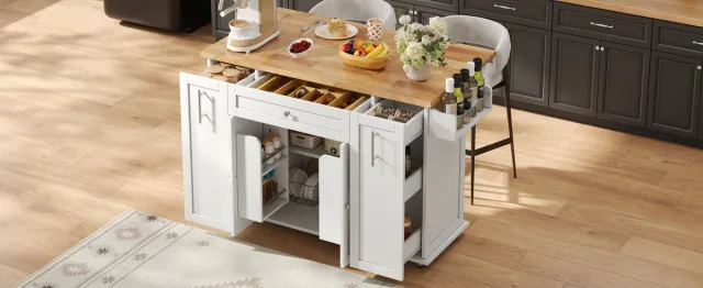 HAUSS SPOLE Keukenwagen Met Klapbaar Blad - 3 Lades En 2 Deurvakken - Mobiele Keuken Eiland Voor Keuken En Bar - Mdf - Wit Natuurlijk - 120x70x87 Cm Wit/Naturel
