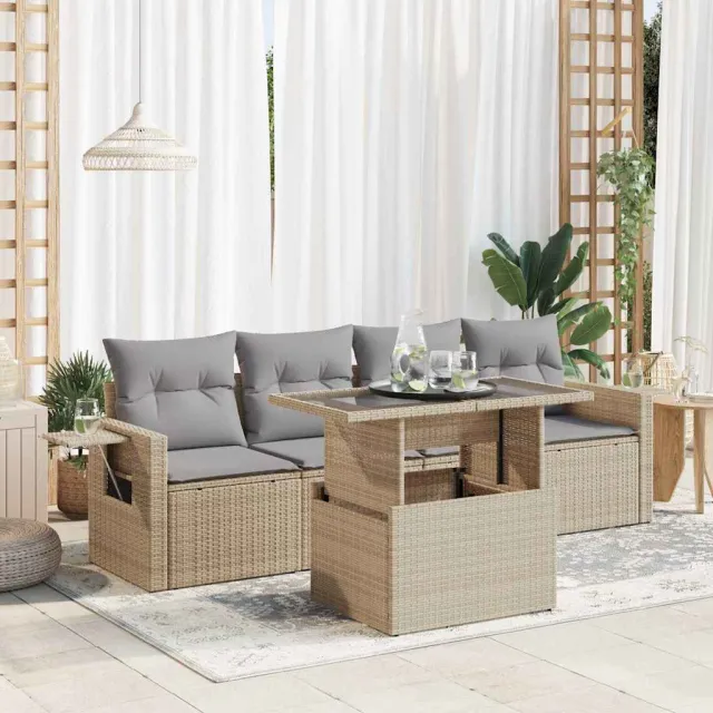 vidaXL 5-delige Loungeset met kussens poly rattan beige, foto 2