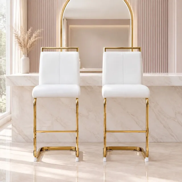 CHICFURN Barkruk - Set van 2 - Rugleuning - Metalen poten - Wit en goud