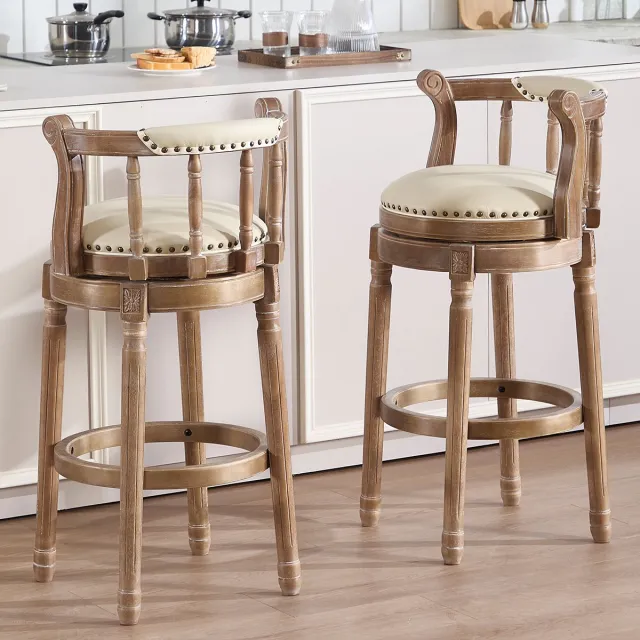 REDOM Barkruk - 360° Draaibaar Met Rugleuning - Landelijke Stijl - Voor Keuken Of Bar - Hout En Echt Leer - Wit