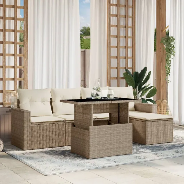 vidaXL 6-delige Loungeset met kussens poly rattan beige, foto 2