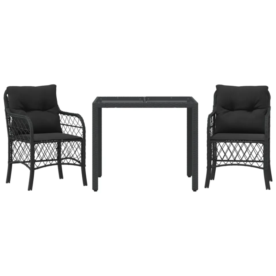 vidaXL 3-delige Bistroset met kussens poly rattan zwart, foto 3