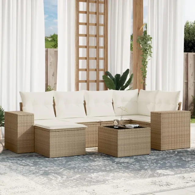 vidaXL 7-delige Loungeset met kussens poly rattan beige, foto 2