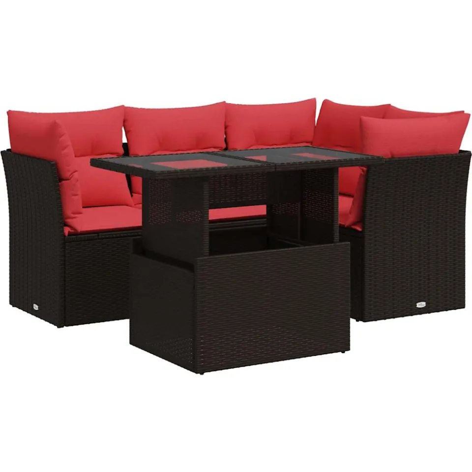 vidaXL 5-delige Loungeset met kussens poly rattan acacia bruin, foto 3