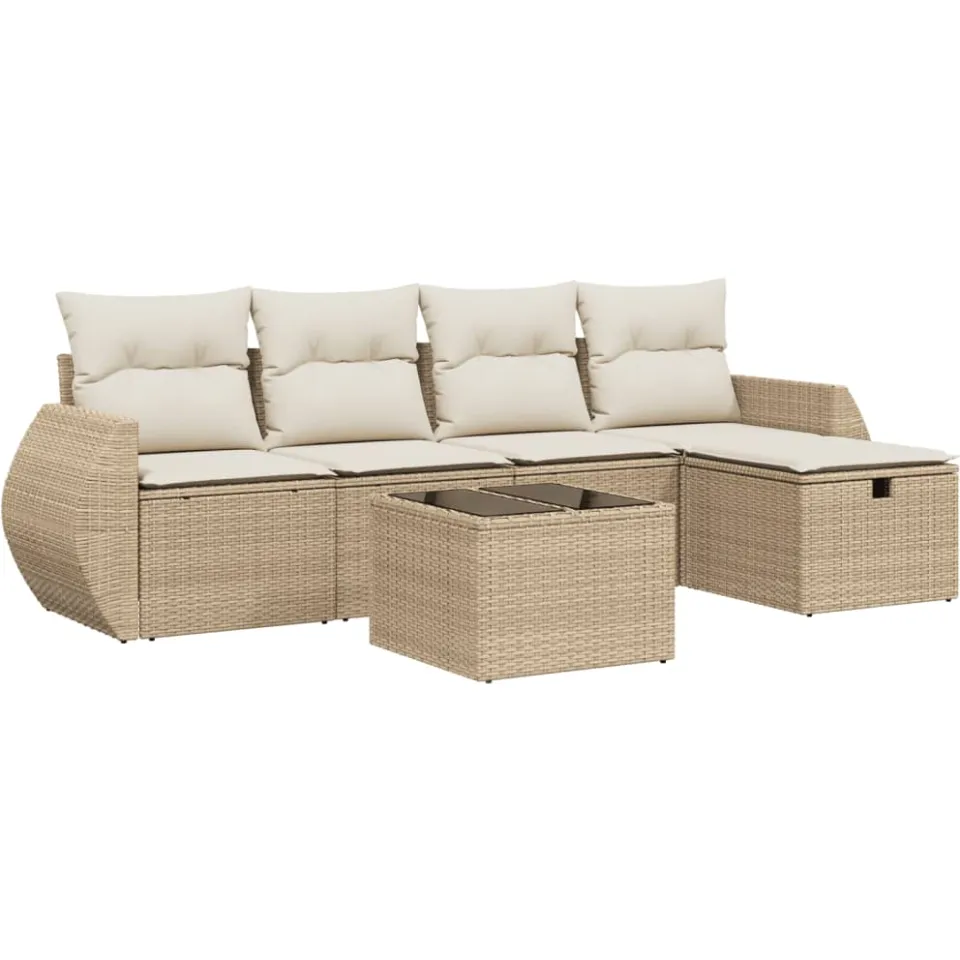 vidaXL 6-delige Loungeset met kussens poly rattan beige