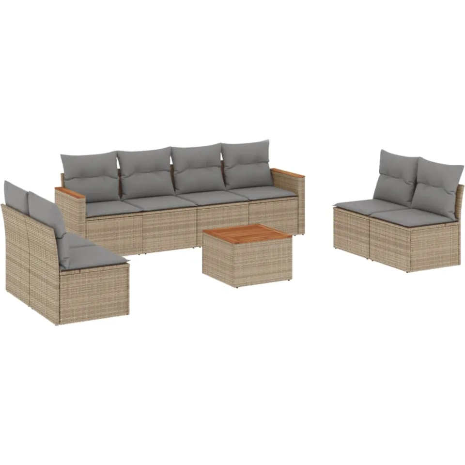 vidaXL 9-delige Loungeset met kussens poly rattan beige, foto 3