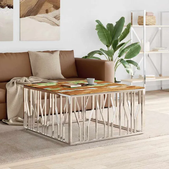 vidaXL Salontafel roestvrij staal en massief gerecycled hout zilver, foto 2