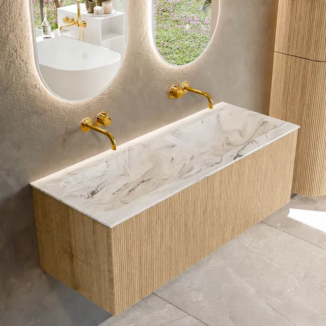 Mondiaz KURVE-DLUX 120 cm Onderkast Greeploos 1 Lade Zonder Deuren Oak, Wastafel Solid Surface Dubbel Glace 0 Kraangaten Zonder Spiegel (KRVLEA1201L0D0KD-Oak/Gla)