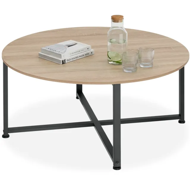Tectake Ronde salontafel - Woonkamertafel van hout en metaal - Industrieel Design - Zwart metalen frame - Draagkracht 150 kg - Diameter 88,5 cm x Hoogte 47 cm - Zwart metalen frame - Diameter 88,5 cm x hoogte 47 cm - Lichtbruin