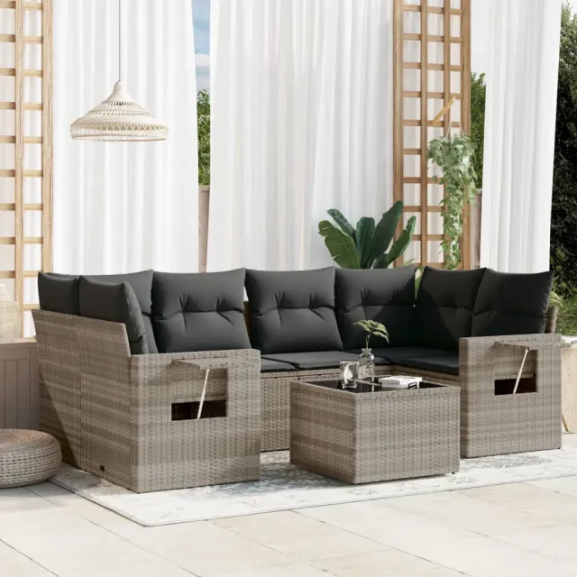 vidaXL 7-delige Loungeset met kussens poly rattan grijs, foto 2