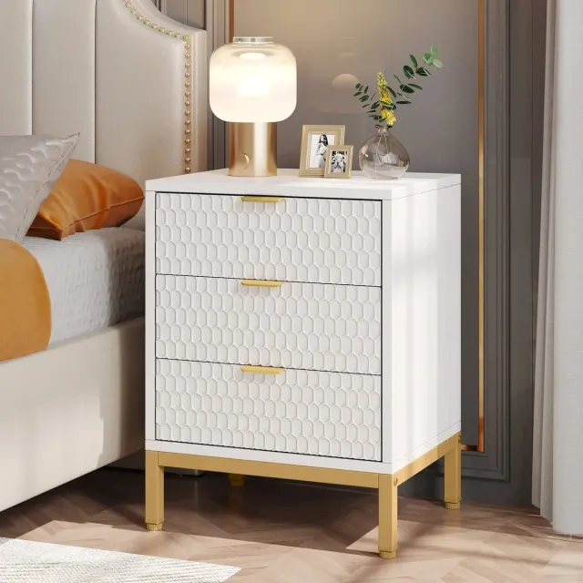 Smyl. Nachtkastje - Nachtkastje met 3 Laden - Kastje - Ladekast - Slaapkamer - Wit/Goud - 40 x 50 x 65.5 cm