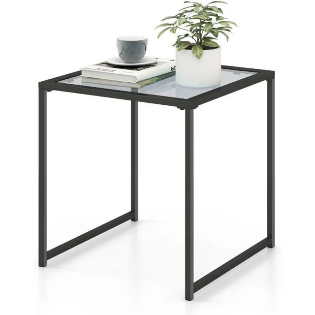 Famanu Bijzettafel voor buiten met gehard glazen tafelblad, 43 x 43 x 45 cm, zwart