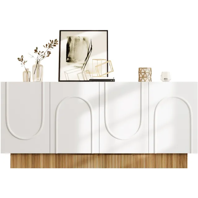 Ropilly Dressoir - 160 x 38 x 75 cm - met 4 deuren en 4 opbergvakken - U-vormig reliëf - wit met houtlook - voor woonkamer en eetkamer Wit met houtkleur