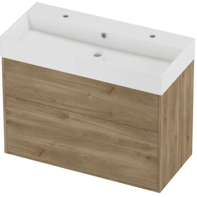 Proline Zara Badmeubelset Porselein Loft 2 Kraangaten Voor Grepen 100x46x78 cm Glans Wit Cider Oak Eiken