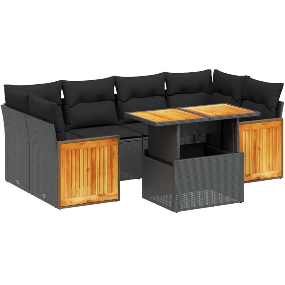 vidaXL 7-delige Loungeset met kussens poly rattan zwart, foto 3