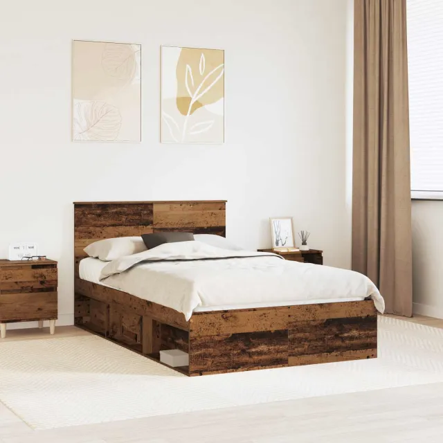 vidaXL Bedframe met hoofdeinde Oudhout 135 x 190 cm Bewerkt hout Bruin
