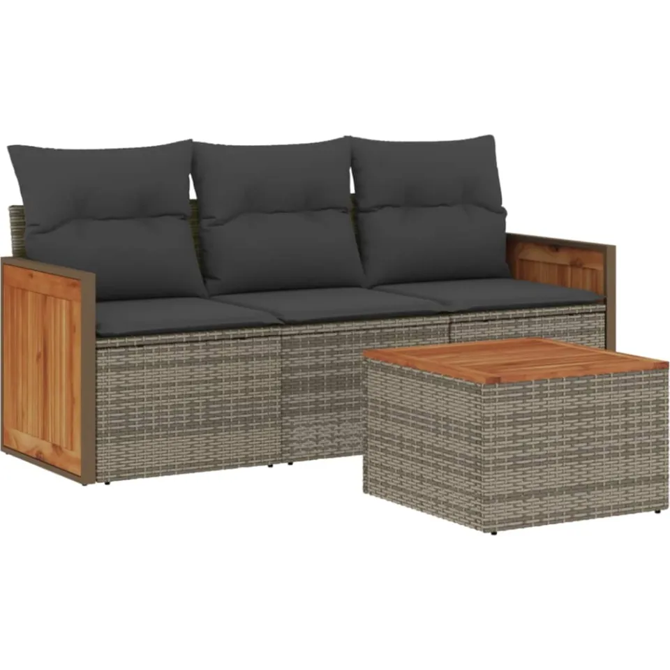vidaXL 4-delige Loungeset met kussens poly rattan grijs, foto 3