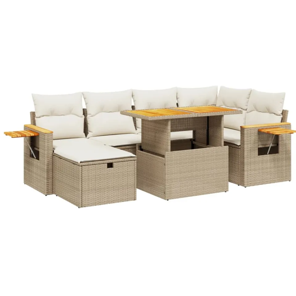 vidaXL 7-delige Loungeset met kussens poly rattan beige, foto 3