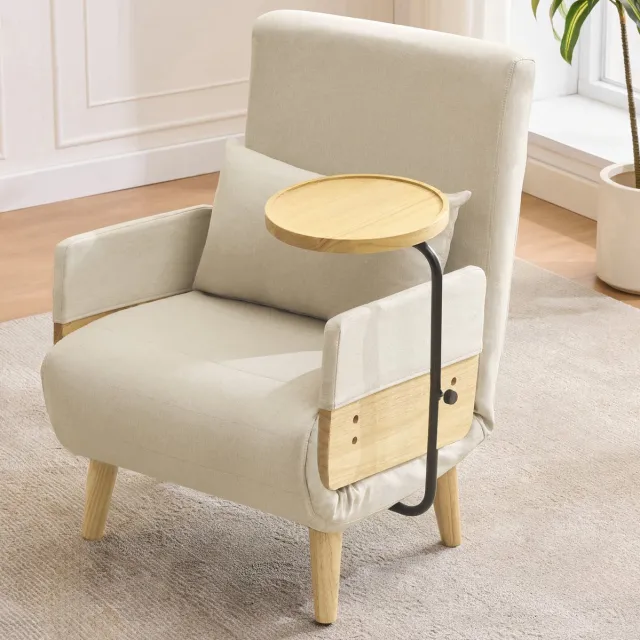 COVREO Fauteuil 88x74,5x66 cm – beige linnen, 3-in-1 slaapfunctie met houten tablet