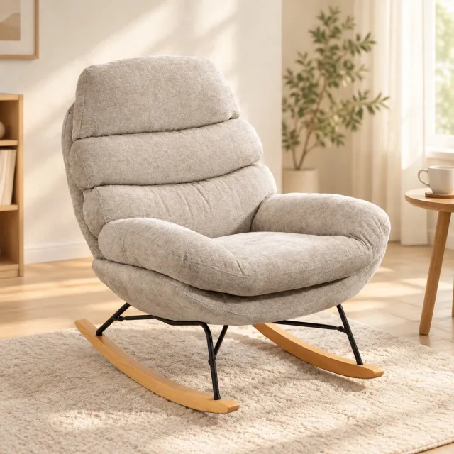 CHICFURN Schommelstoel - Gewatteerd - Houten Kufen - Crèmewit